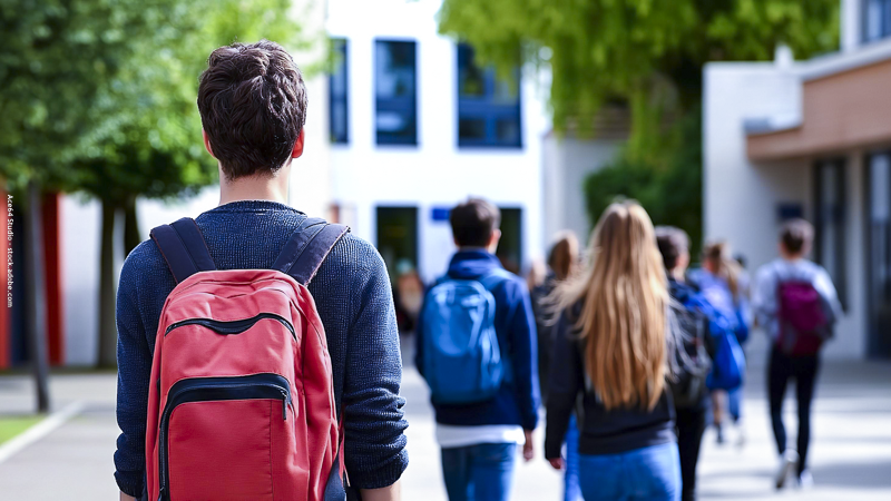 Collégiens marchant vers leur établissement avec leurs sacs à dos, illustrant le passage en 6e et l’entrée au collège.