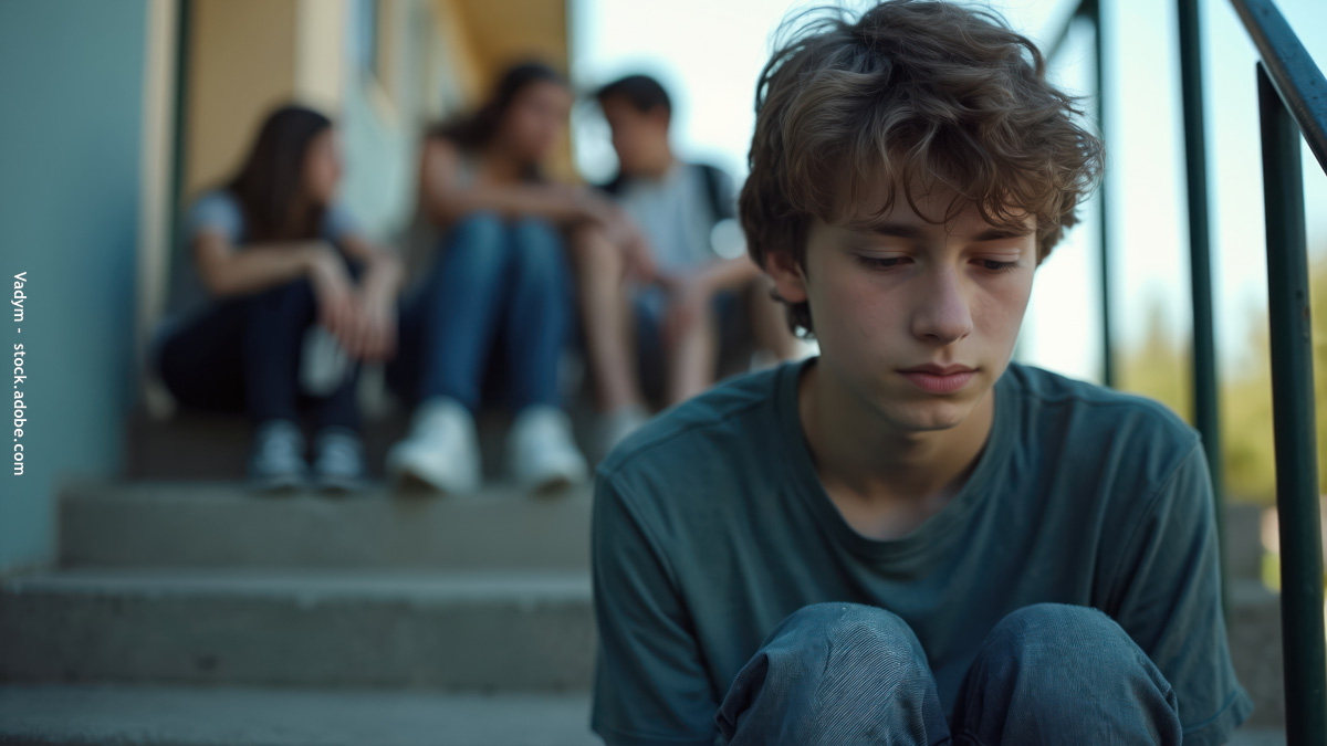 Enfant seul assis sur des marches avec un groupe d'enfants plus haut sur les marches