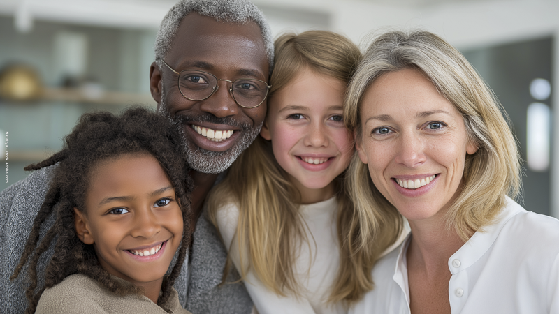 Famille recomposée souriante réunissant deux parents et deux enfants, illustrant les questions de parentalité, d’autorité et de succession.