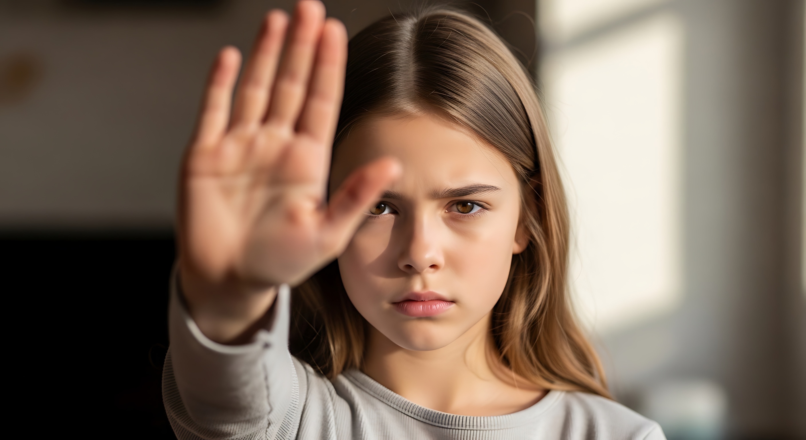 Enfant regardant droit devant elle avec la main levée pour dire stop, symbole d’opposition ou de difficulté à écouter les consignes parentales.
