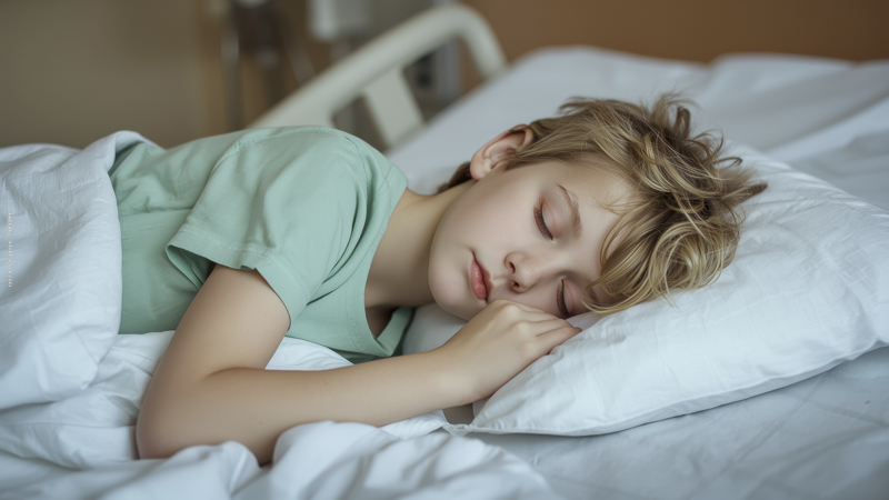 Jeune enfant endormi paisiblement dans un lit d'hôpital aux draps blancs