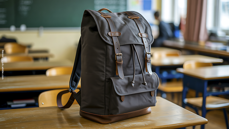 Cartable d’école posé sur un bureau en classe, illustrant les oublis fréquents des affaires scolaires chez les enfants.