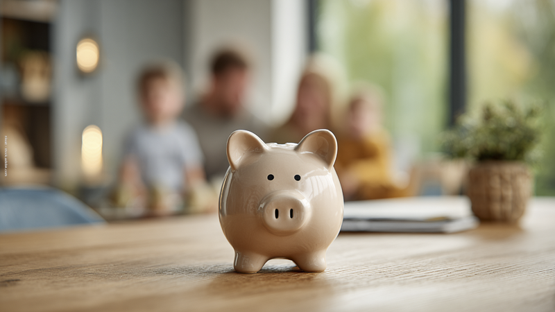 Tirelire posée sur une table devant une famille floue en arrière-plan, symbole du budget familial, des économies et des difficultés financières.