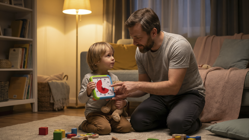 Père et enfant assis sur le tapis le soir, l'enfant tient une minuterie colorée — gestion des émotions et routine du soir en famille