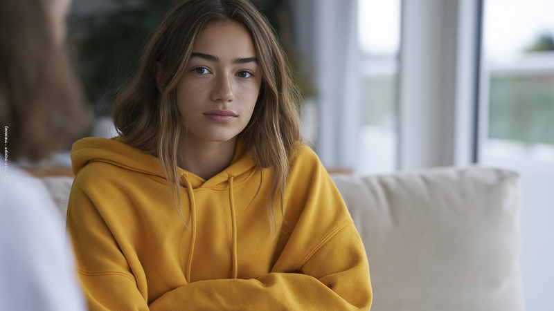 Adolescente pensive en sweat jaune assise sur un canapé face à un parent lors d'une discussion