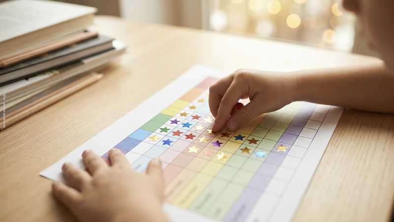 Main d'enfant plaçant des étoiles autocollantes sur un tableau de récompenses coloré