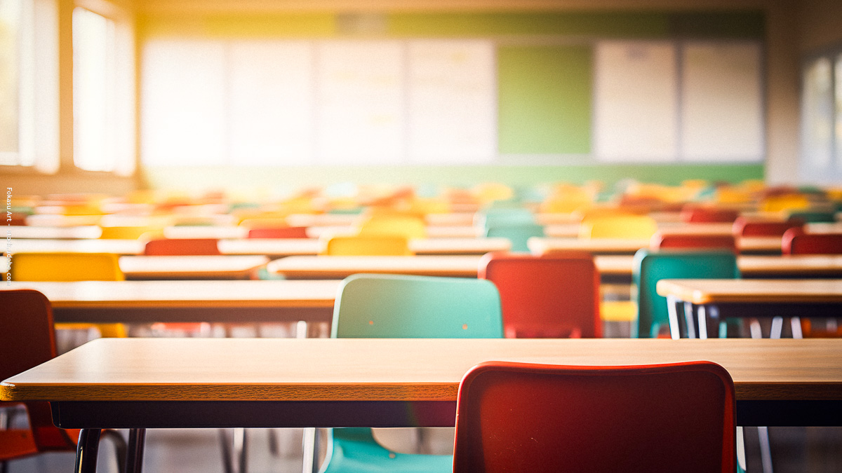 Salle de classe lumineuse aux chaises colorées, prête à accueillir parents et enseignants pour la réunion de rentrée scolaire.