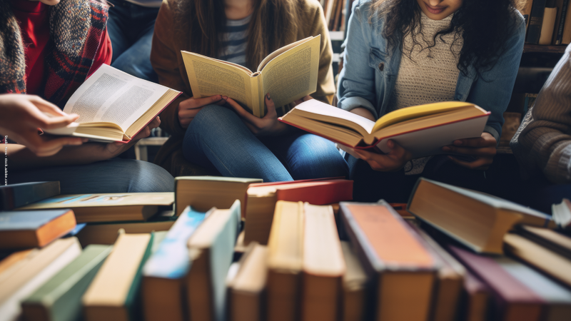 Adolescents réunis autour de livres dans une bibliothèque, illustrant la lecture scolaire, l’apprentissage et le partage autour des œuvres littéraires.