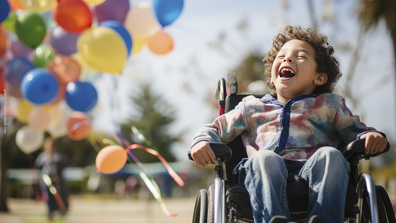 Enfant en fauteuil roulant riant en plein air près de ballons colorés lors de vacances en famille