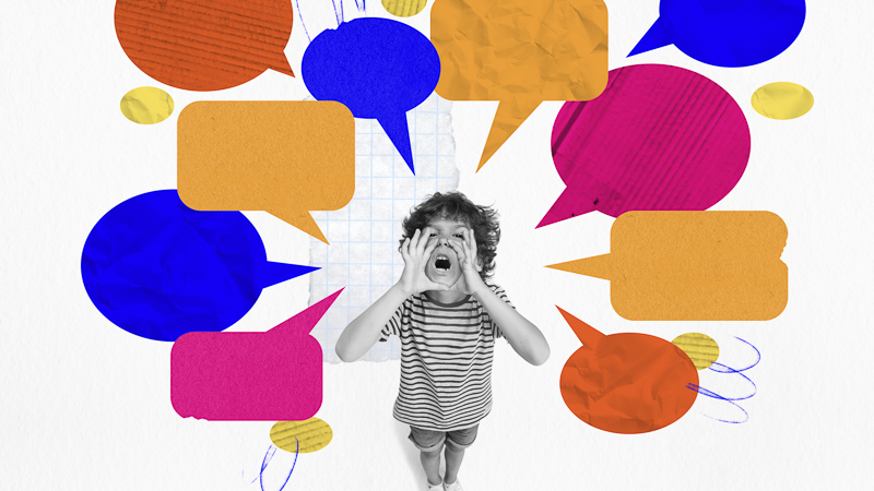 Enfant criant entouré de bulles de dialogue colorées — illustration de la désinformation et des fake news sur internet