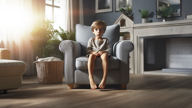 Jeune enfant assis seul dans un fauteuil à la maison, illustrant l’autonomie progressive, la solitude et la confiance parentale.