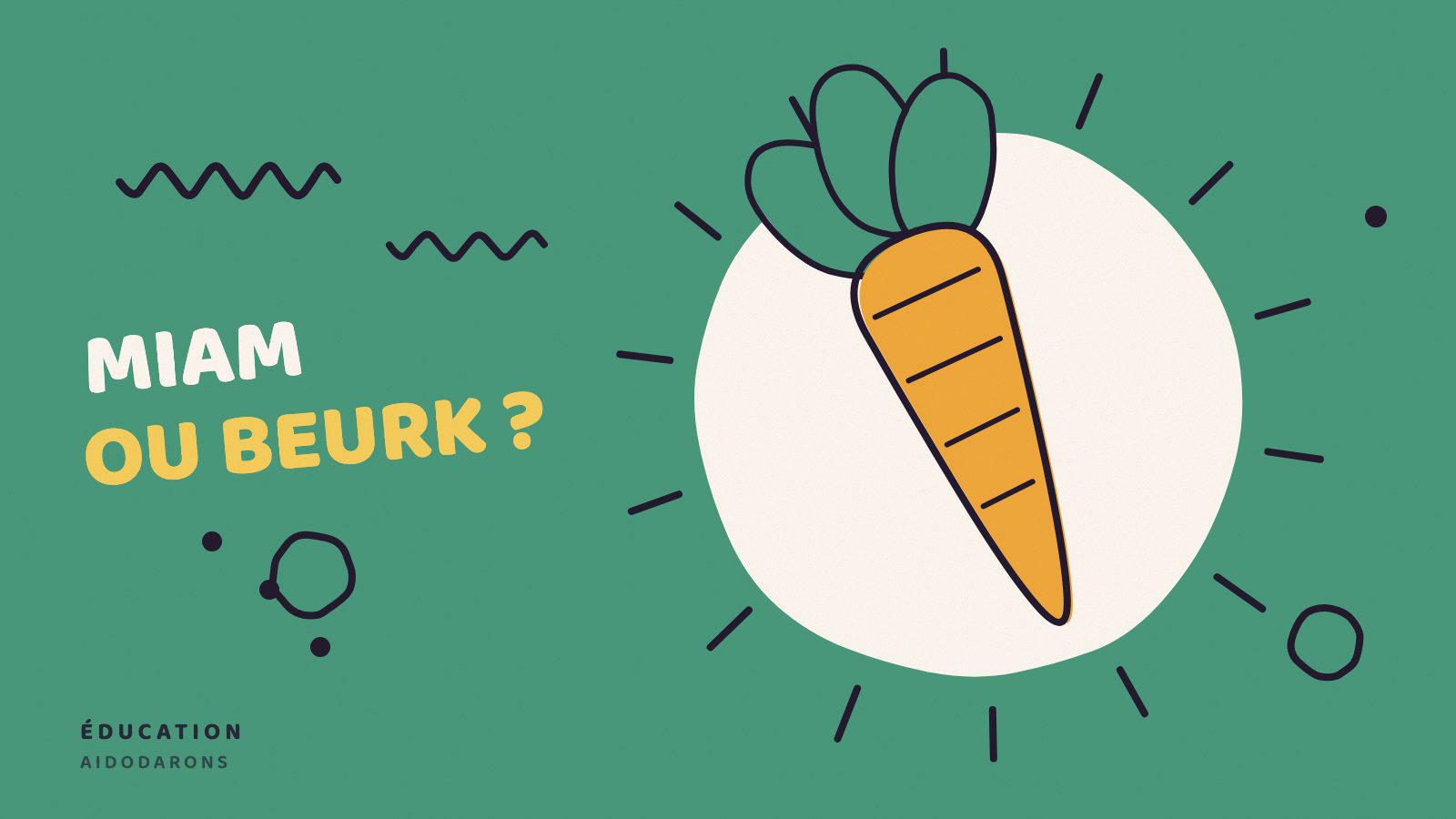 Une carotte avec ses fanes sur fond vert, avec la mention « Miam ou beurk ? ».