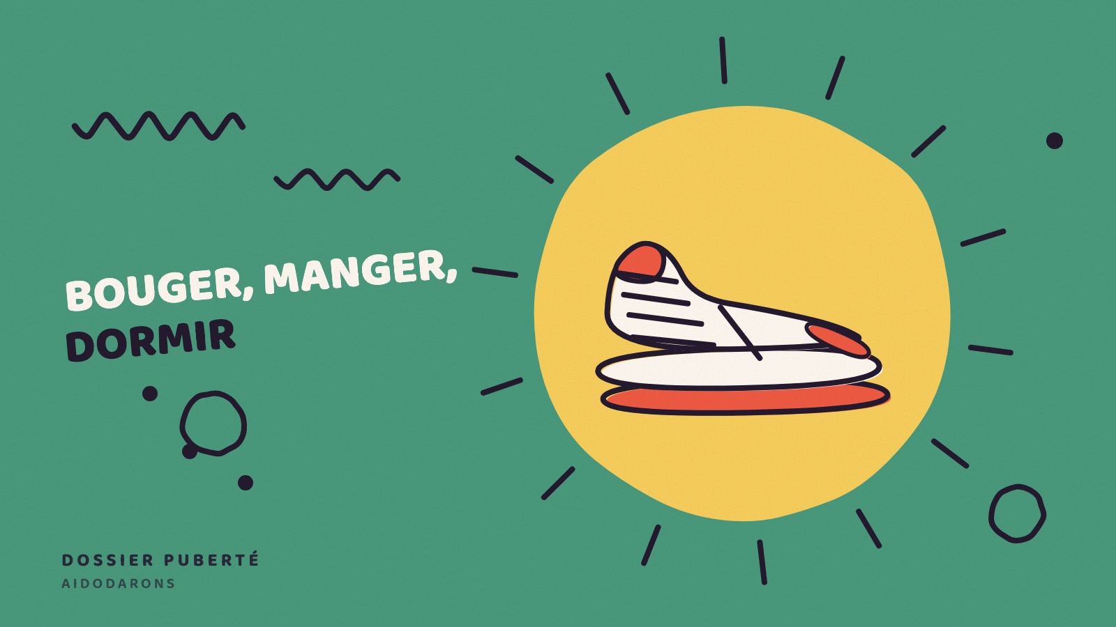 Une basket de sport sur fond vert, avec la mention « Bouger, manger, dormir ».